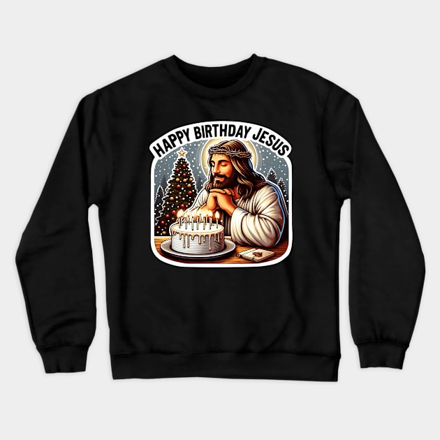 Happy Birthday Jesus Make A Wish Birthday Cake Christmas Trees Snowing Crewneck Sweatshirt by Plushism